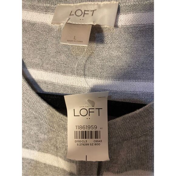 Loft women’s classic cardigan, gray and white striped sweater, size large - Picture 4 of 4